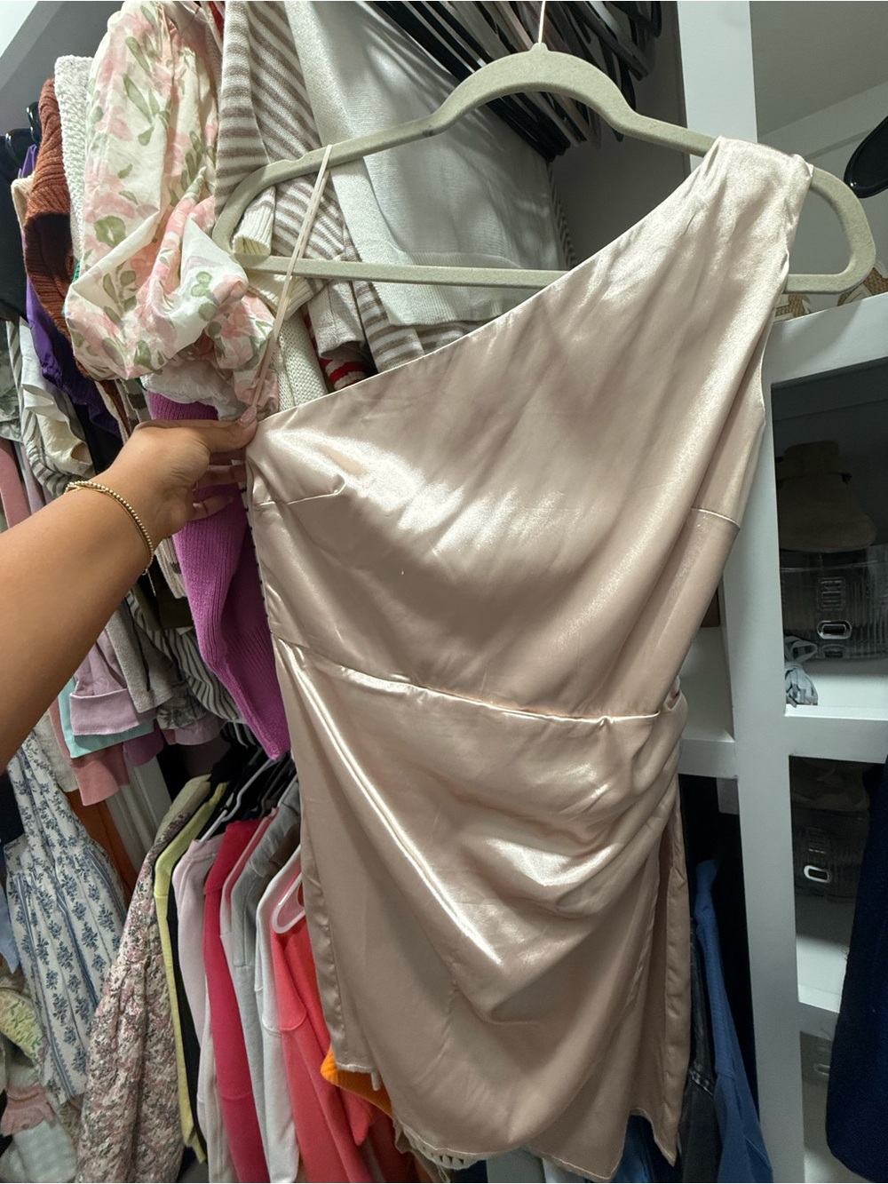 Lena One-Shoulder Satin Mini Dress in Light Blush